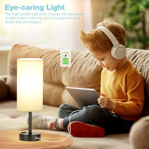 Fenmzee Beige Bedside Lamp for Bedroom, Dimmable Touch, USB A+C, AC Outlet