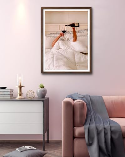 EcoHest 12x16 in Woman Drinking Wine in Bed Framed Wall Art for Bedroom