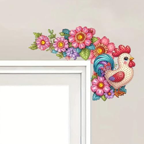DIY Diamond Art Painting Animal Door Corner Decor, PVC Frame Signs with Flower Rooster Designs for Holiday Home, Festive Wall Hanging Gift for Family
