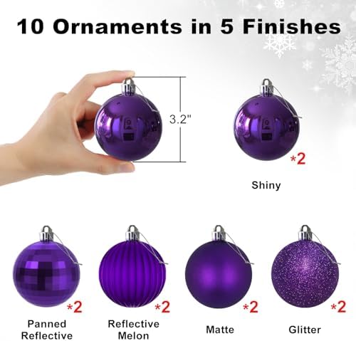 Purple 3.2" Large Christmas Balls - Christmas Tree Decoration Ornaments Shatterproof Hanging Balls for Birthday Halloween Holiday Wedding Decorations Set of 10pcs