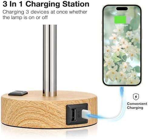 Fenmzee Floral Bedside Lamp for Bedroom, Dimmable Touch, USB A+C, AC Outlet