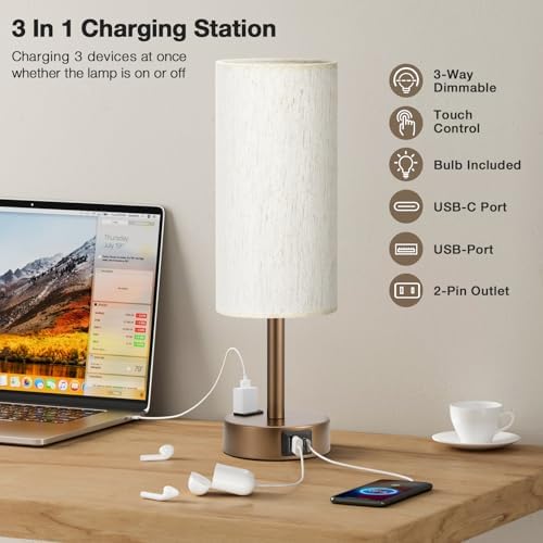 Fenmzee Brown Bedside Lamp for Bedroom, Dimmable Touch, USB A+C, AC Outlet