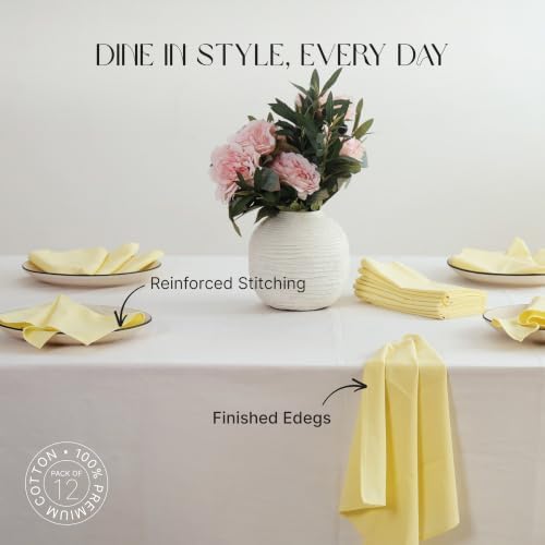 Cloth Napkins Set of 12, 100% Cotton Dinner Napkins for Thanksgiving, Christmas & Fall Entertaining, Washable Reusable Table Linens for Wedding & Everyday Use, 18 x 18 Inch, Light Yellow