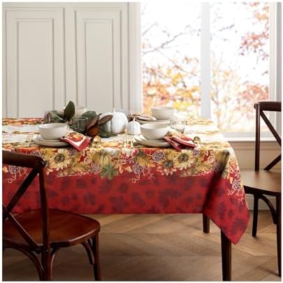 Elrene Home Fashions Square Polyester Swaying Leaves Bordered Fall, Seasonal and Holiday Tablecloth, 52"x52", Multi