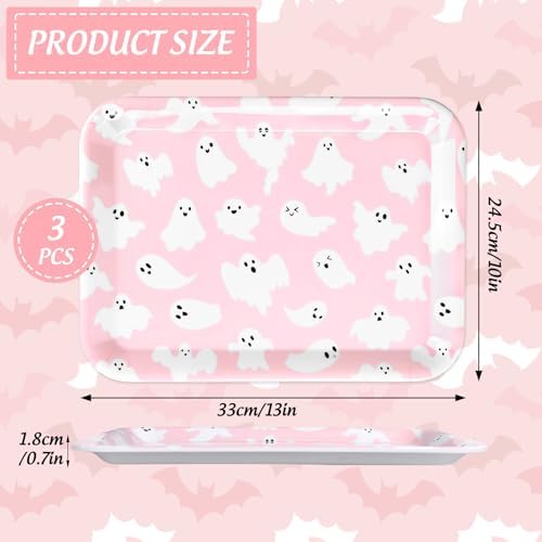JarThenaAMCS 3Pcs Halloween Serving Trays Pink Ghost Platter Cute Ghost Reusable Serving Dishes for Birthday Baby Shower Party Sharing Snacks Fruit Dessert, 13 x 10 Inch