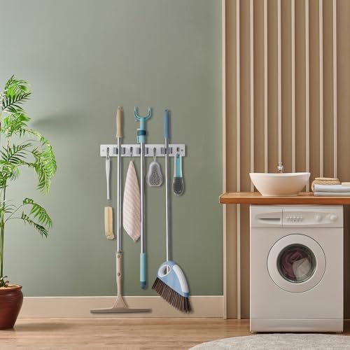 OUTNILI White Mop Broom Holder Wall Mount with 3 Slots & 4 Hooks - Wood Broom Mop Hanger for Pantry Kitchen