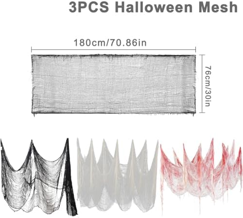Halloween Creepy Cloth,3Pcs 30×72inch Black Spooky Scary Creepy Gauze Cloth Halloween Decorations for Party Doorways Outdoors Decoration, Black+White+red