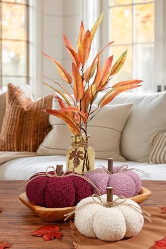 6" Fake Fall Pumpkin Decorations for Home, 3 Pcs Artificial Big Fabric Pumpkins Autumn Decor Faux Pumpkins for Decorating, Fall Table Centerpiece Baby Shower, Halloween Thanksgiving, Burgundy & Pink