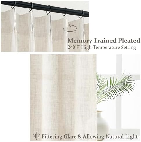 Natural Linen Blend Semi Sheer Curtains 94 Inches Length 2 Panels Set for Nursery Room, Pinch Pleated Light Filtering