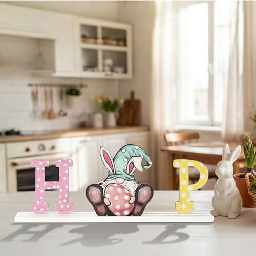 Smile Easter Wooden Standing Sign, 3-Piece Hip Bunny Rabbit Gnome House Decor, Tabletop Decoration for Home Office Shelf Mantel