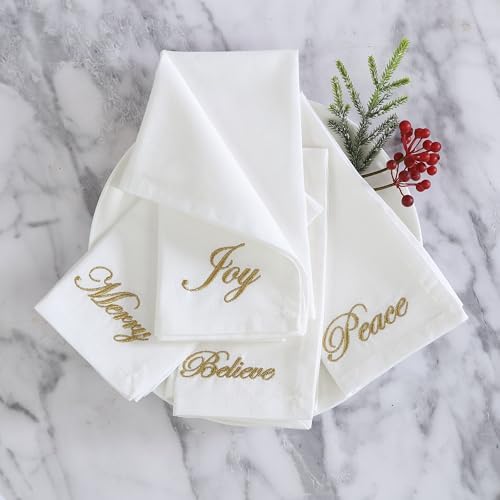 Threadmade Holiday Sentiments Napkins, Set of 4, Ivory - 20" W x 20" L