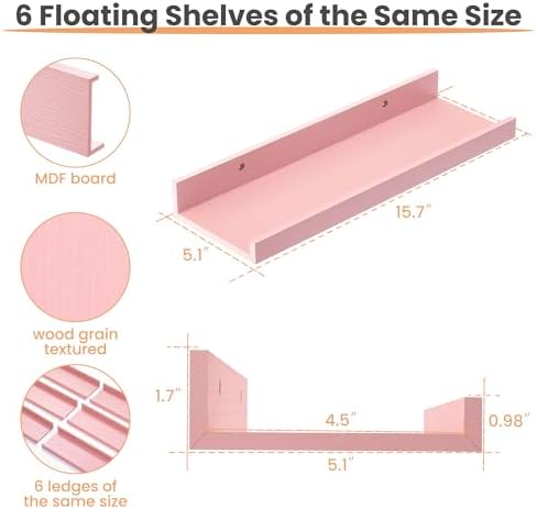 upsimples Floating Shelves for Wall Decor and Storage, Pink, 6Pcs 15.7''