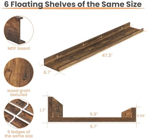 upsimples Floating Shelves for Wall Decor and Storage, Brown, 6Pcs 47.3''