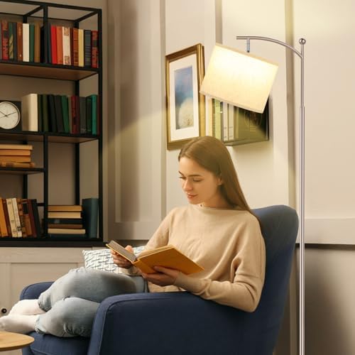 Ambimall 60" Floor Lamp for Living Room with 3 Color Temperatures, Adjustable Beige Shade with Light Gold Pole, Tall
