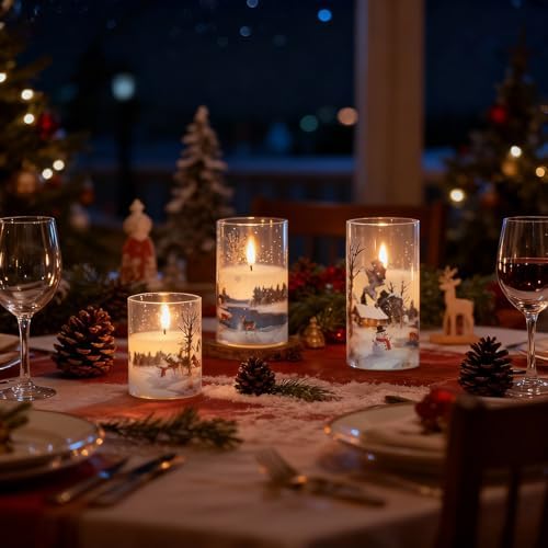 Wondise Chrismtas Snowman Glass Flameless Candles with Remote Timer