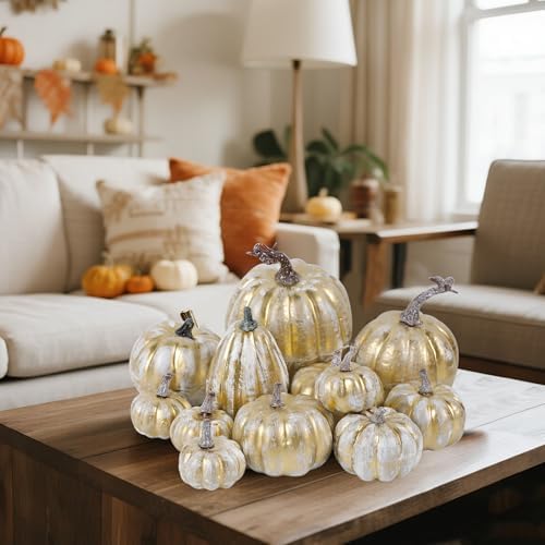winemana 12 Pcs Pumpkin Fall Decorations, Golden Artificial Pumpkins