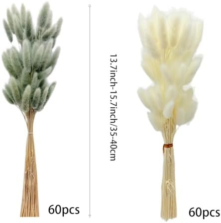 120pcs Dried Bunny Tails Flowers White and Grey Pampas Grass Natural Dried Floral Arrangement Dry Flowers for Christmas Halloween Boho Decor Home Wedding DIY Craft Decoration (16")