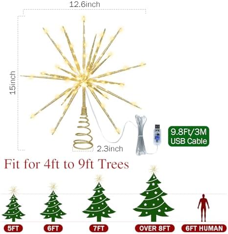15-Inch Starburst Christmas Star Tree Topper with 150 LEDs & Remote, Gold