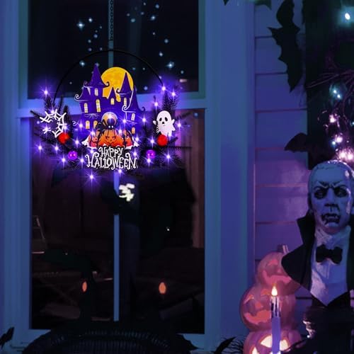 Pre-Lit Halloween Wreath for Front Door, Lighted Spider with 6H On/18H Off
