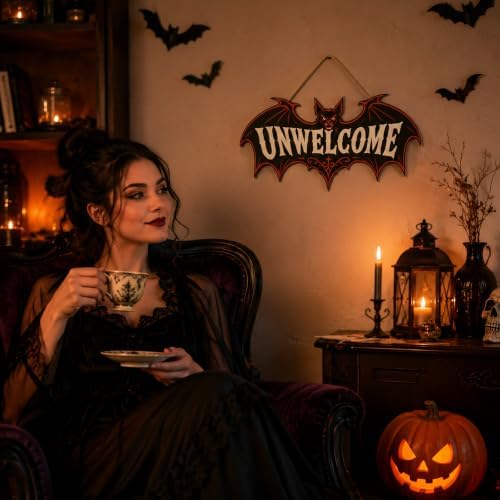 Halloween Decorations - Funny Gothic Bat Wooden Sign for Front Door
