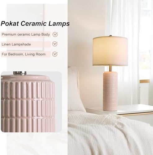 PoKat 27.5" Pink Ceramic Table Lamps for Girls Room Set of 2, Modern Bedroom Lamps, Bedside Lamps for Night Stands