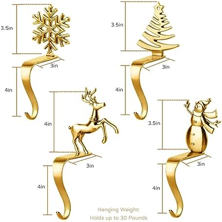 Fonder Mols Christmas Stocking Holders for Mantle, Xmas Fireplace Hanger Hooks Metal Grips Clips (Gold)