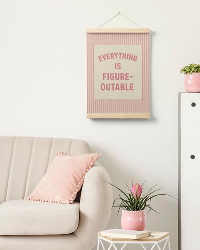FGFK Preppy Pink Everything Is Figureoutable Inspirational Wall Art Poster Hanger Frame, Girly Pink Striped Positive