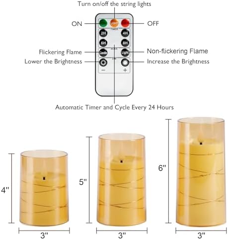 Homemory Flickering Flameless Candles, Gold LED Pillar Candles with Remote