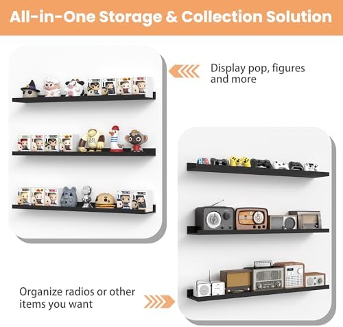 upsimples Floating Shelves for Wall Decor and Storage, Black, 6Pcs 47.3''