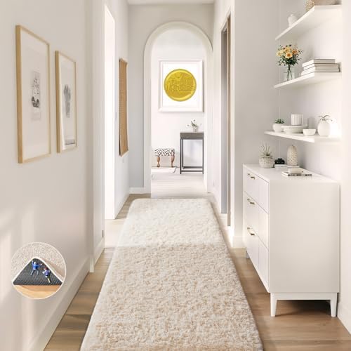 Ophanie Runner Rug for Hallway, 2x5 Upgrade Non-Slip Fluffy Soft Bedside Rugs, Bedroom Living Room Ivory Shaggy Carpet