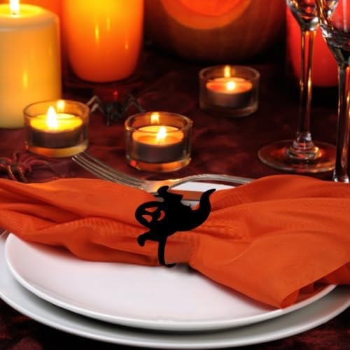 Spooky Napkin Rings, Halloween Napkin Rings Set of 6, Black Napkin Rings Stainless Steels Serviette Buckle Ring Halloween Napkin Holder for Party Dinner Holidays Decorations (Black, 6 pcs)
