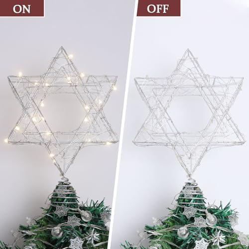 Star of David Christmas Tree Topper, Silver Hanukkah Treetop Battery Powered with Timer, Woven Iron Ribbon Warm White Light String, 7'' Star Tree Topper for Chanukah, Xmas Tree, Wedding