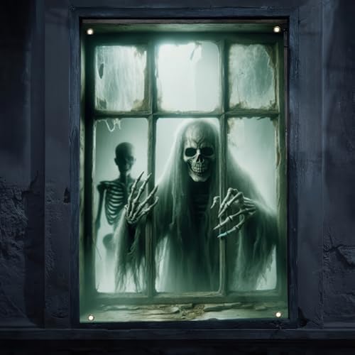 Grim Reaper Halloween Window Cover, 31 x 47 Inch Horror Themed Curtain, Halloween Photo Backdrop Tapestry for Festival Home, Indoor/Outdoor Decor, Garden, and Party Supplies
