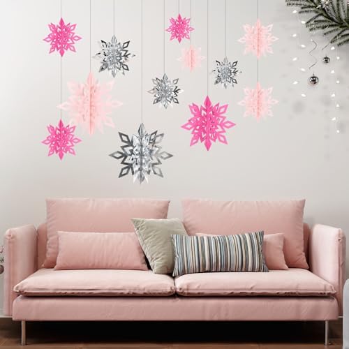 Whaline 18 Pcs Christmas Hanging Decorations 3D Pink Silver Snowflake Hanging Ornaments with String Glittery Large Snowflake Pendant Garlands for Xmas Winter Wonderland Party Home Ceiling Decor
