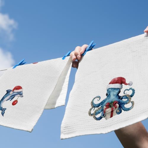 Coastal Christmas Dolphin Octopus Kitchen Dish Towels 16x24, Set of 2
