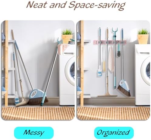 OUTNILI Pink Mop Broom Holder Wall Mount with 4 Slots & 4 Hooks - Wood Broom Mop Hanger for Pantry Closet Laundry Room