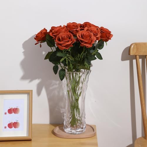 Laelfe 12 PCS Artificial Flowers Roses Silk Flowers Fake Long Stem Artificial Roses for Home Wedding Bathroom Kitchen Decorations(Brown Orange)