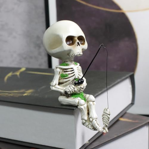Fishing Skeleton Statue Halloween Decor, 4.5 Inch Skull Fisher Figurine