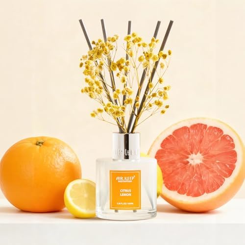 Airkeep Reed Diffuser Set,3.38 fl oz (100 ml) - Citrus Lemon Oil Diffusers with 8 Reed Sticks, Home Fragrance Reed