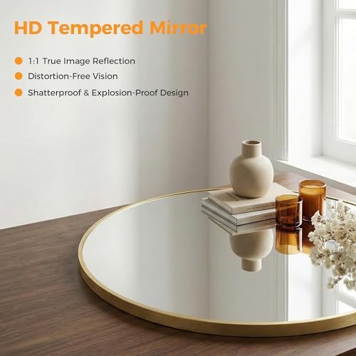 30 Inch Gold Round Bathroom Wall Mirror, Round Mirrors for Wall Decor, Circle Mirror for with HD Shatter-Proof Glass