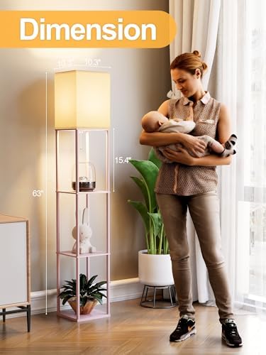 Pink Floor Lamp with Shelves for Living Room, Shelf Floor Lamp with 3 CCT LED Bulb, Corner Display Standing Column Lamp