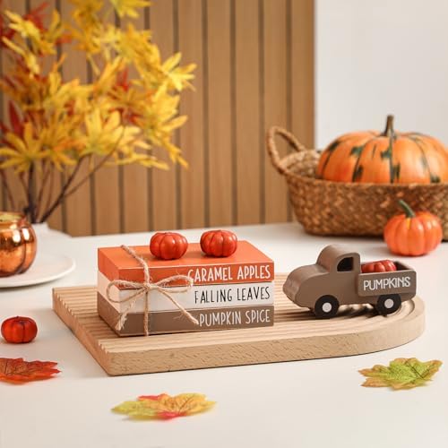 Fall Table Decor Tiered Tray Decor, Wooden Fall Signs with Book Stack