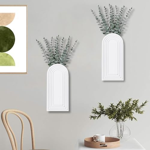 Dnnnii 2 Pack Wooden Wall Vase Set - White Finish Modern Farmhouse & Boho Wall Decor for Entryway, Hallway, Bathroom
