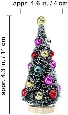 Winlyn 6 Pcs Artificial Mini Christmas Trees 4.3 Inch Frosted Green Bottle Brush Trees with Wood Bases Sisal Trees with White Snow and Ornaments for Winter Christmas Holiday Dollhouse Miniature Décor
