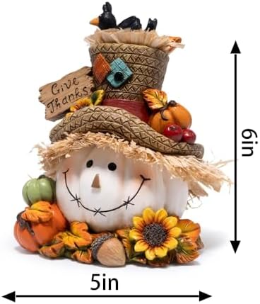Hodao Thanksgiving Pumpkin Decorations, Resin Fall Autumn Figurine with Straw Hat, Birds, Acorns & Sunflowers, Give Thanks Sign, Festive Gift for Home Tabletop Mantel Thanksgiving Decorations (White)