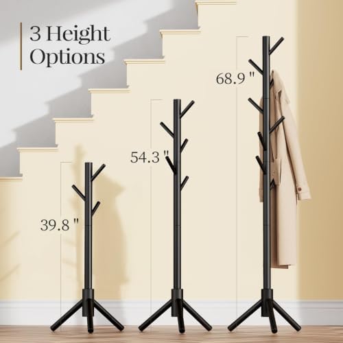 Pipishell Solid Wooden Coat Rack Freestanding with 8 Hooks, Black