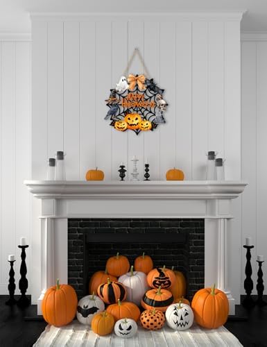 Halloween Wreaths for Front Door Welcome Sign Happy Halloween Wall Decorations Wooden Spider Web Ghost Black Cat Pumpkin Hanging Wall Decor Indoor Holiday Decor