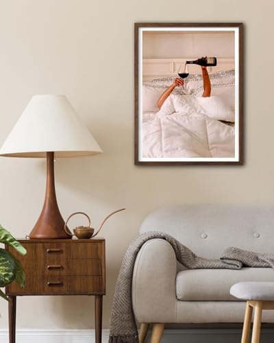 EcoHest 12x16 in Woman Drinking Wine in Bed Framed Wall Art for Bedroom