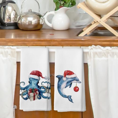 Coastal Christmas Dolphin Octopus Kitchen Dish Towels 16x24, Set of 2