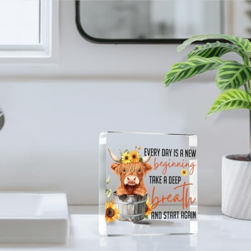 Highland Western Cow Sign Decor, Every Day Is a New Beginning Take a Deep Breath and Start Again Motivational And Inspirational Decorations， Inspirational Gifts for Friends 4x4 Inch